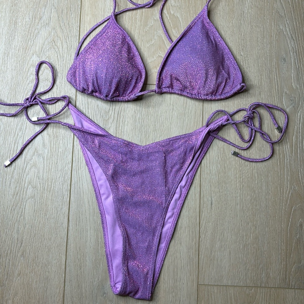 Purple sparkle metallic string tie bikini high waisted thong bottom